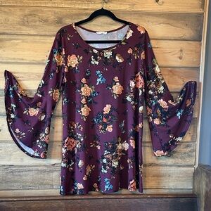 Reborn J Floral Bell Sleeve Dress - Burgundy and Multicolor